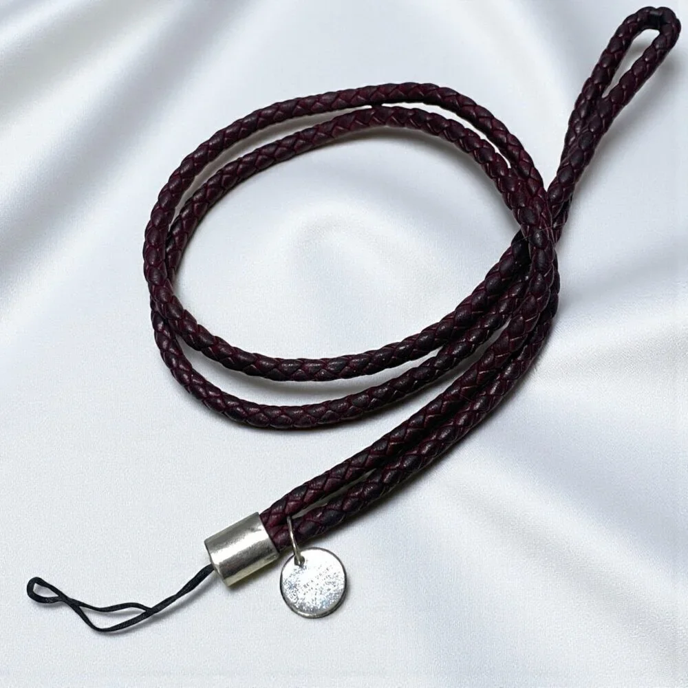 Bottega Veneta Braided Leather Phone Strap Brown With Silver Hardware Extra Long